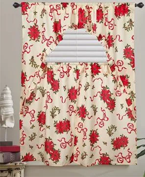 Euro Seasonal Poinsettia Kitchen Curtain Set