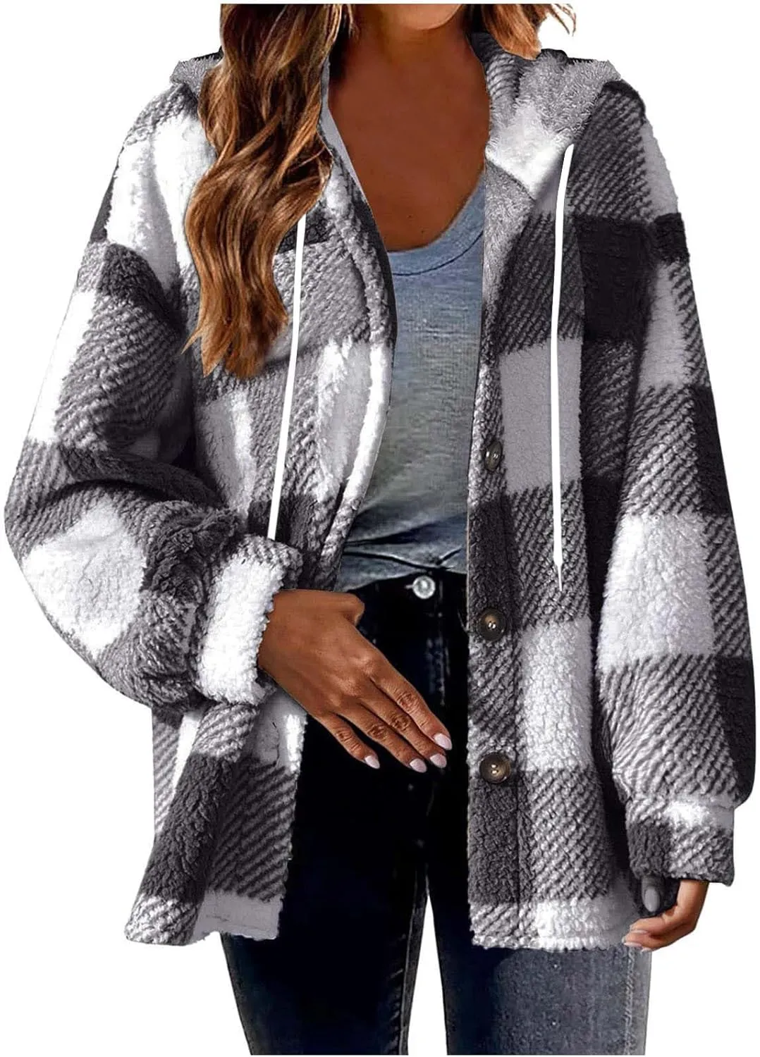 Hvyesh Teddy Bear Flannel Jacket Women Winter Clothes Hoodies, Oversized Fuzzy Fleece Sherpa Shacket Jackets for Women