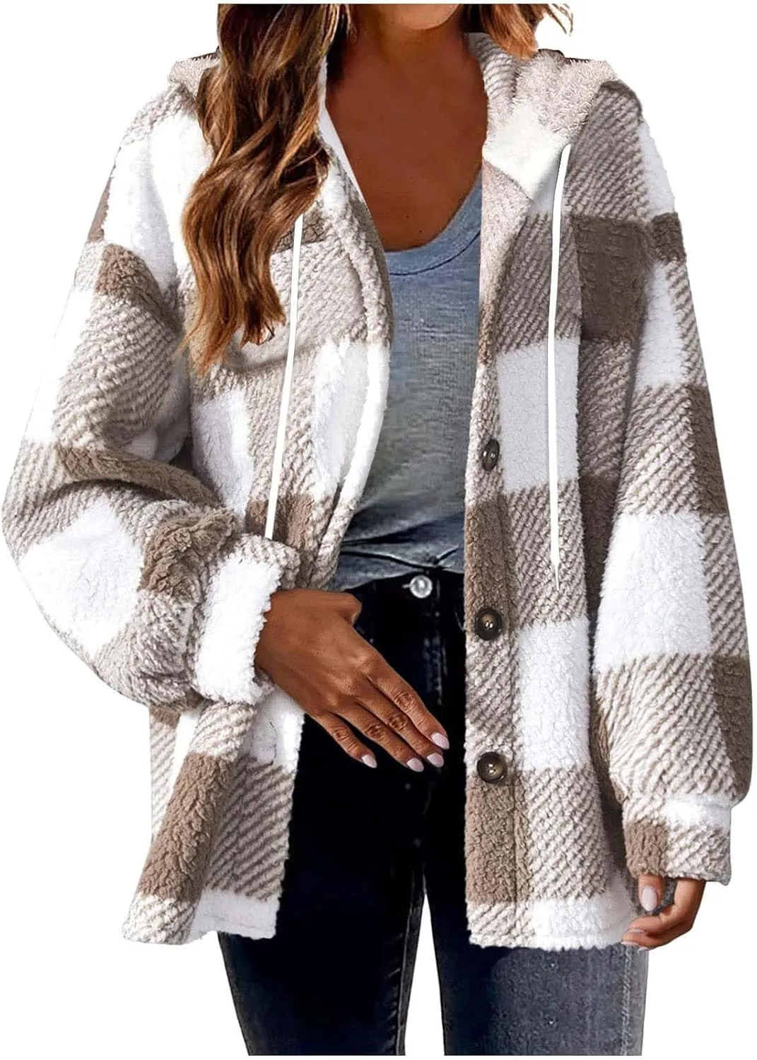 Hvyesh Teddy Bear Flannel Jacket Women Winter Clothes Hoodies, Oversized Fuzzy Fleece Sherpa Shacket Jackets for Women